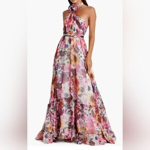 Mac Duggal Asymmetrical Ruffled Halter Floral Gown. Maxi Dress